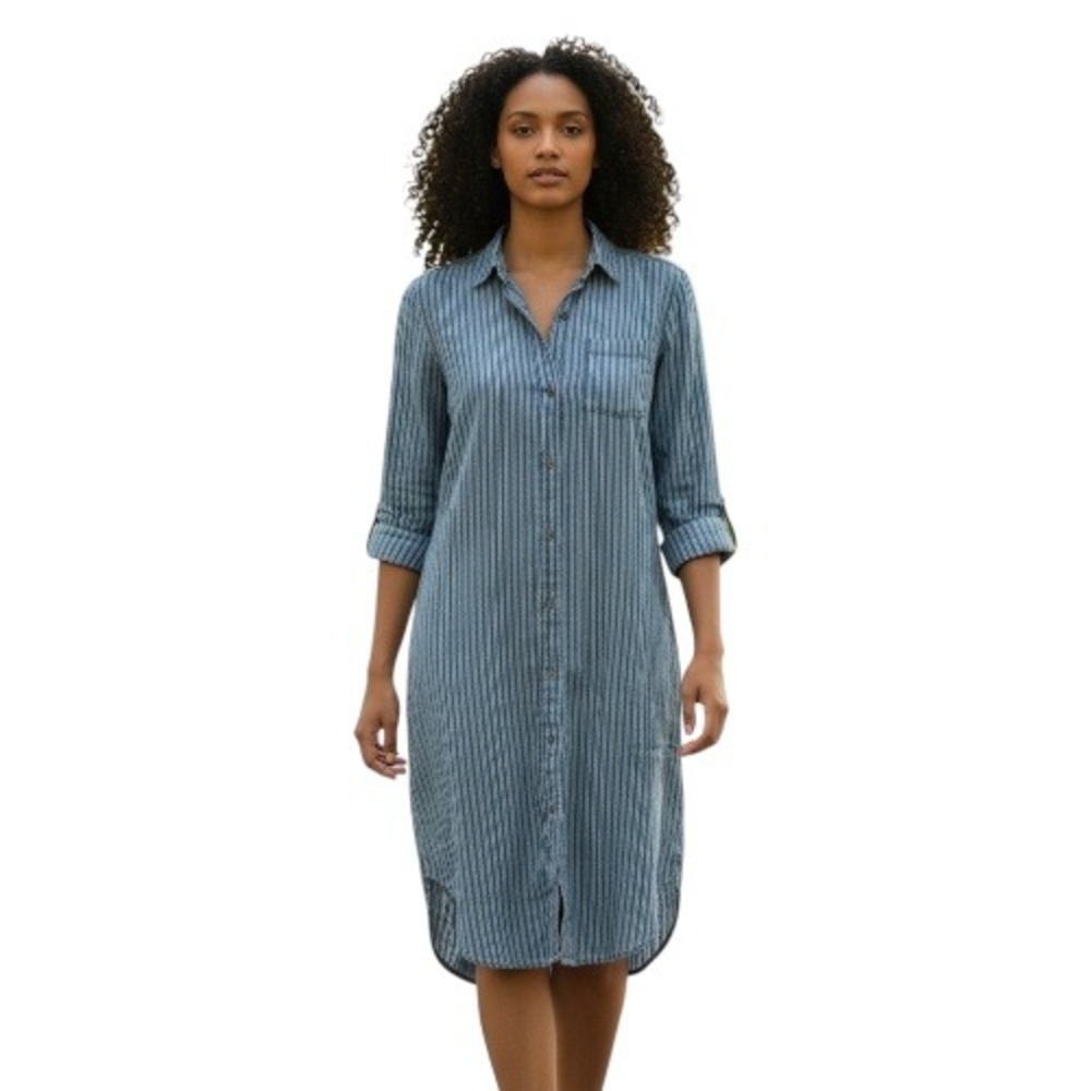 Anthropologie Striped Shirt Dress Linen Blend Midi Blue & White Relaxed Fit - 4‎